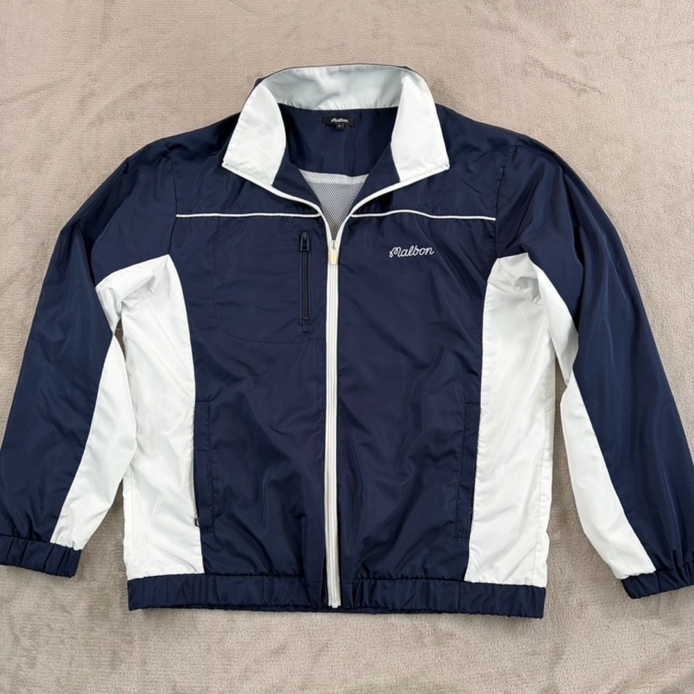 Malbon Golf Windbreaker Jacket in Navy White ColorBlock Mesh Lined Men Medium